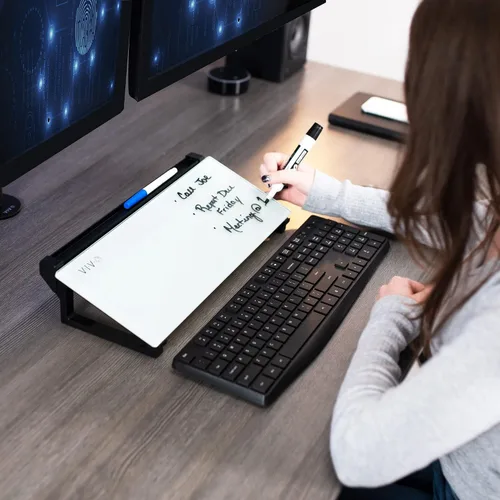 Vista 2 de VIVO DESK-WB16D - Pizarra blanca de escritorio de cristal de 16 x 7 pulgadas con ranura para marcador y almacenamiento abierto, superficie blanca