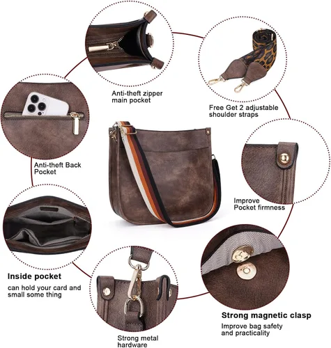Vista 5 de HKCLUF Bolso cruzado para mujer, 2 piezas, de cuero, con 2 correas ajustables de leopardo, bolsa cruzada