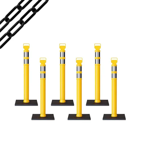 Vista 64 de CCW 6-Pack 45" Delineador Post Kit Kit de 3.0 in collares reflectantes, base de goma de 10 lb (6 postes blancos con cadena negra de 50 pies)