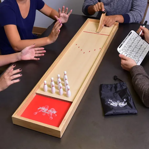 Vista 2 de GoSports Mini juego de boliche de madera para mesa para niños y adultos - Incluye 1 tablero de pista de boliche, 1 rampa de lanzamiento, 2 bolas