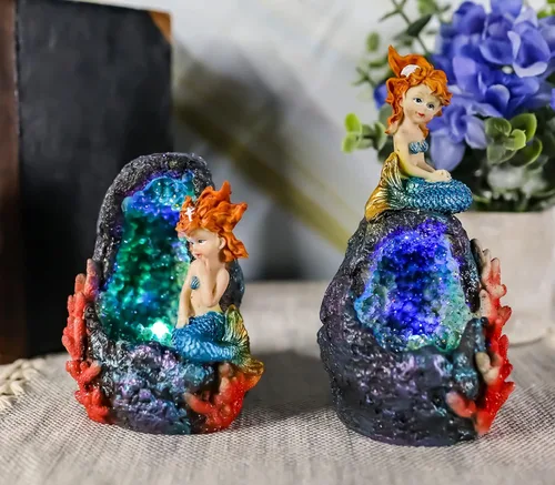 Vista 7 de Ebros - Juego de 2 sirenas de fantasía para decoración del hogar (cola azul), diseño de sirenas de cristal de geoda, diseño de corales bajo el mar