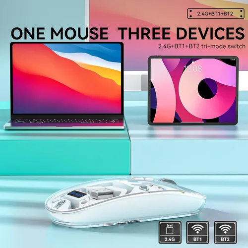 Vista 4 de Uiosmuph Ratón Bluetooth inalámbrico, trimodo (BT5.1/5.1+USB), USB C recargable, clic silencioso, cubierta transparente, nivel de batería visible
