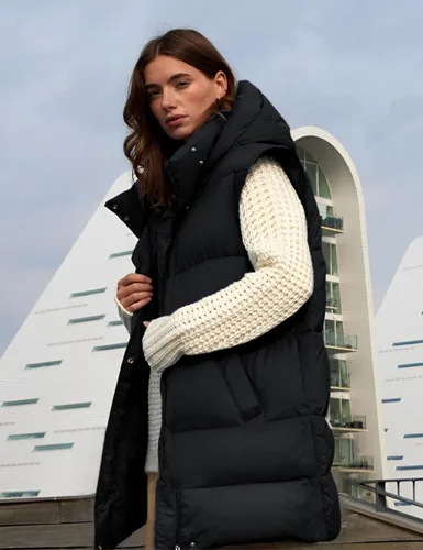 Vista 3 de Fiona Jolin Chaleco largo acolchado con capucha para mujer, abrigos de invierno acolchados sin mangas, chaquetas hinchadas