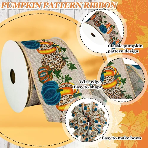 Vista 3 de Whaline Cinta de tela de calabaza de otoño con borde con alambre, cinta de tela de calabaza azul, cintas vintage para envolver para cosecha