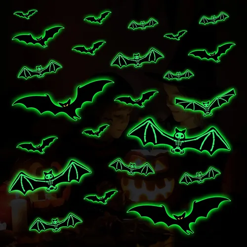 Vista 10 de 3 hojas de calcomanías luminosas de murciélago de Halloween que brillan en la oscuridad, calcomanías luminosas de murciélagos de Halloween
