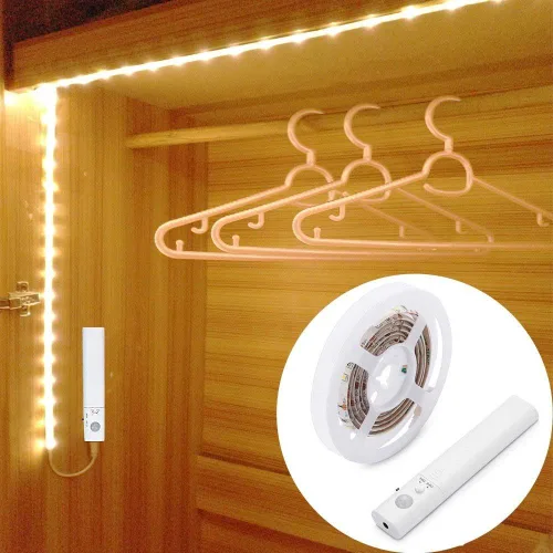 Vista 8 de Luz de armario con sensor de movimiento, tira de luces LED para armario, encendido y apagado automático PIR, funciona con pilas, 6000 K blanco