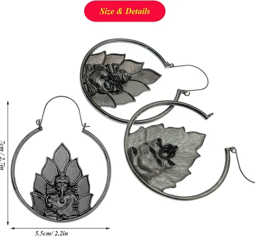 Vista 5 de RechicGu Ethnic Bali Jhumka Jhumki Lotus Mexico Gypsy - Aretes colgantes tradicionales con caja de regalo (elefante negro), Metal Concha