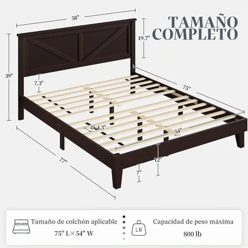Vista 2 de Yaheetech Marco de cama de madera con plataforma de tamaño matrimonial Espresso
