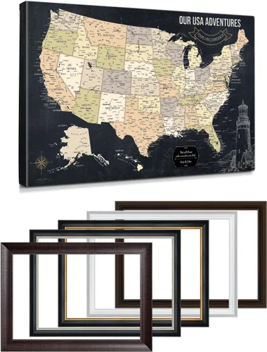 Vista 24 de IPIC - Lienzo con mapas de EE. UU. para decoración de pared, mapa con pin de empuje para marcar viajes, mapa de viaje impreso de EE. UU.