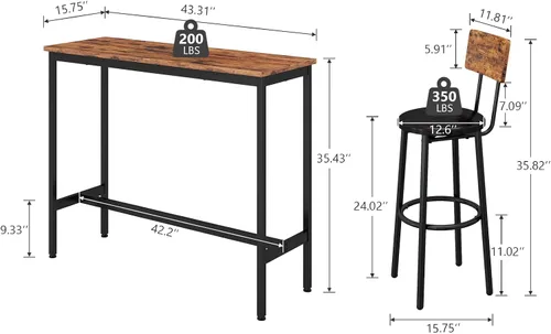 Vista 2 de Juego de mesa de bar y 2 sillas, 3 piezas para espacios pequeños, mesa de comedor rectangular para 2 mesas de bar de altura de mostrador con 2 Mesa