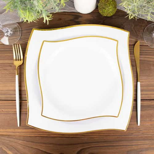 Vista 6 de Efavormart - Paquete de 10 platos cuadrados de postre de plástico con borde ondulado blanco y dorado de 8 pulgadas, elegante vajilla desechable
