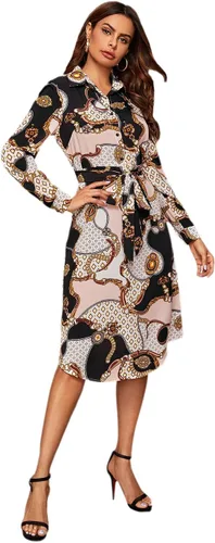 Vista 3 de Romwe - Vestido de camisa con cinturón para mujer