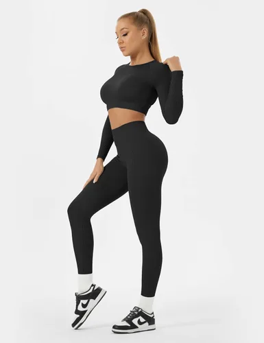 Vista 2 de Buttergene Conjuntos de entrenamiento para mujer, 2 piezas, de manga larga, para yoga, gimnasio, sin costuras, acanalada, con cintura alta, leggings