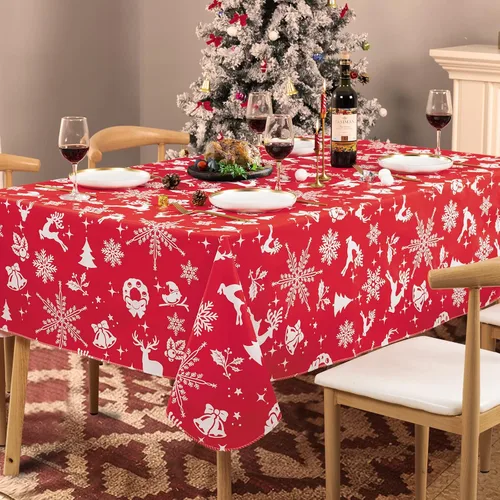 Vista 8 de UMINEUX Mantel de Navidad con reverso de franela, mantel rectangular de vinilo impermeable lavable para fiestas de Navidad, bodas, vacaciones