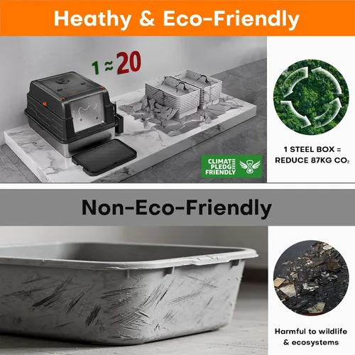 Vista 7 de CATLIKE XXXL - Caja de arena de acero inoxidable para gatos, 3 capas de orina a prueba de fugas, diseño cerrado con filtro de carbón para Maine Coon
