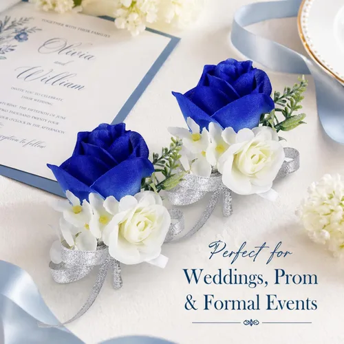 Vista 3 de ChezMax Ramillete artificial de flores hechas a mano con clip y cinta, 4 unidades para novia, novio, boda, fiesta de graduación