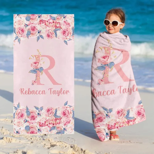 Vista 16 de Toallas de playa personalizadas para bebé niña con nombre para niños y adultos, toalla de baño de algodón con flores de acuarela personalizadas