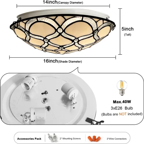 Vista 5 de ARTZONE Tiffany - Lámpara de techo de vitral, 3 luces de techo de 16 pulgadas Tiffany de montaje empotrado para dormitorio, comedor, sala de estar