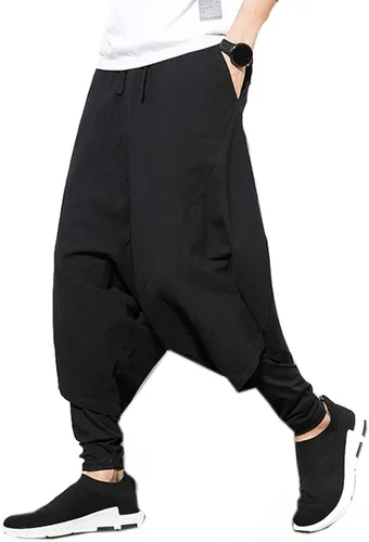 Vista 3 de PRIJOUHE Pantalones harem para hombre, pantalones holgados de pierna ancha, de algodón