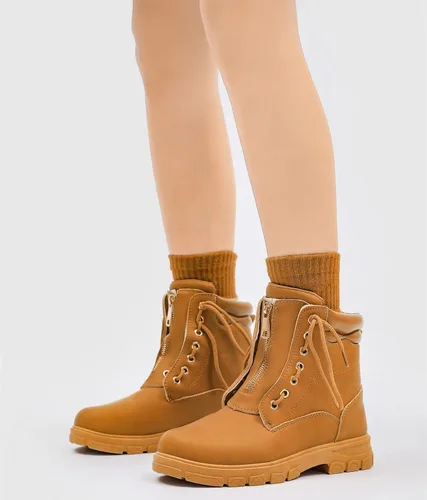 Vista 3 de Dadawen - Botines de trabajo estilo combate para mujer, con puntera redonda, al tobillo, impermeables, con cordones, tacón bajo