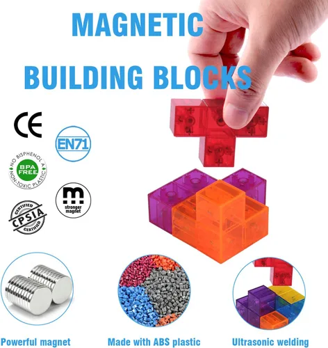 Vista 2 de WorWoder Bloques de construcción magnéticos para niños, cubos magnéticos 3D rompecabezas mágicos, juego de 7 bloques magnéticos de múltiples formas