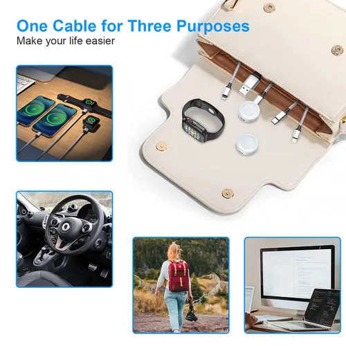 Vista 7 de Cable de carga universal para reloj inteligente 5 en 1 USB de 5.9 ft/6 pies, cargador de reloj magnético+Lightning2+tipo C+Micro USB nailon trenzado