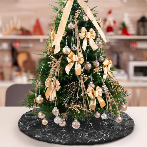 Vista 32 de Falda de árbol de Navidad de felpa negra de 24 pulgadas, pequeña, de piel sintética gruesa, lujosa decoración navideña para Año Nuevo, decoración