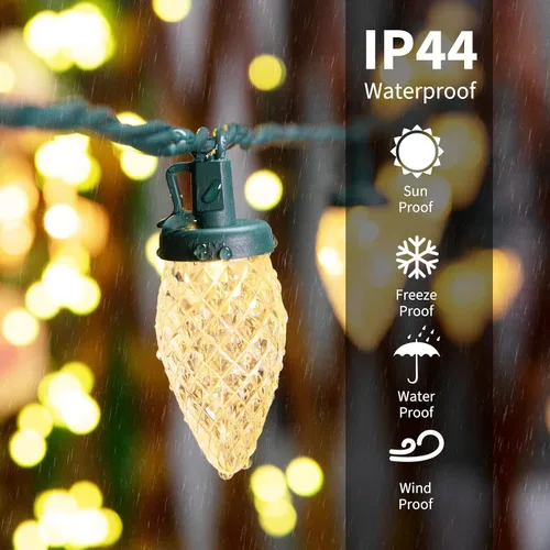 Vista 6 de Cadena de luces LED C9 de Brightown, 66 pies 100 LED impermeables en forma de fresa, cadena de luces de cable verde extensible para enchufar