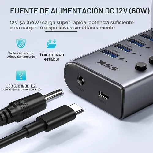 Vista 4 de SSK Concentrador USB 3.0 alimentado por 10 puertos, concentrador de carga