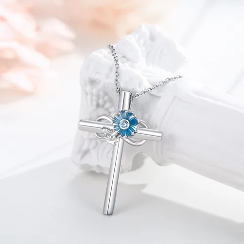Vista 7 de JUSTKIDSTOY Collar de flor de nacimiento de plata de ley 925 con colgante de cruz floral, regalo de joyería para mujeres, novia, esposa, madre