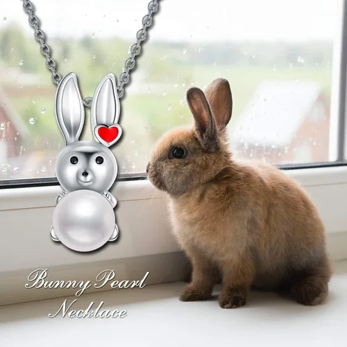 Vista 4 de Bunny Necklace For Women 925 Sterling Silver Rabbit Pearl Pendant Love Epoxy Eye With Black CZ Freshwater Pearls Jewelry Gifts For Animal Lover