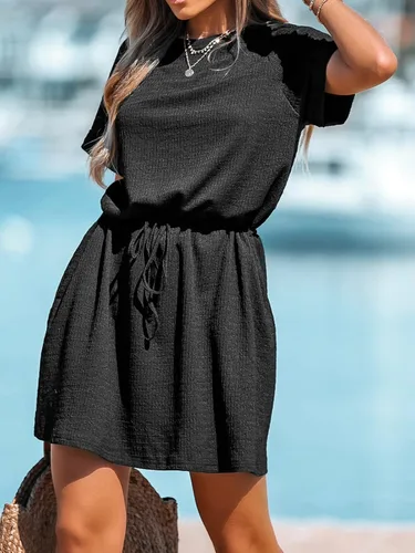 Vista 3 de CUPSHE Minivestido con cordón en la cintura para mujer, manga corta, cuello redondo