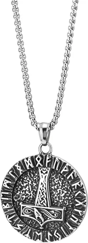 Vista 2 de Viking Pendant Necklace, Mjolnir Thor Hammer Nordic Vegvisir Compass Norse Runic Circle Medal Steel