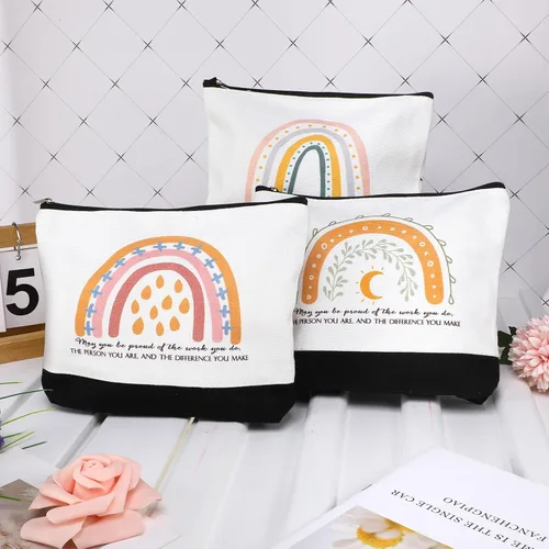 Vista 4 de 20 bolsas de cosméticos bohemias, inspiradoras, con texto en inglés "May You Be Proud", bolsa de regalo motivacional, bolsa de cosméticos de lona