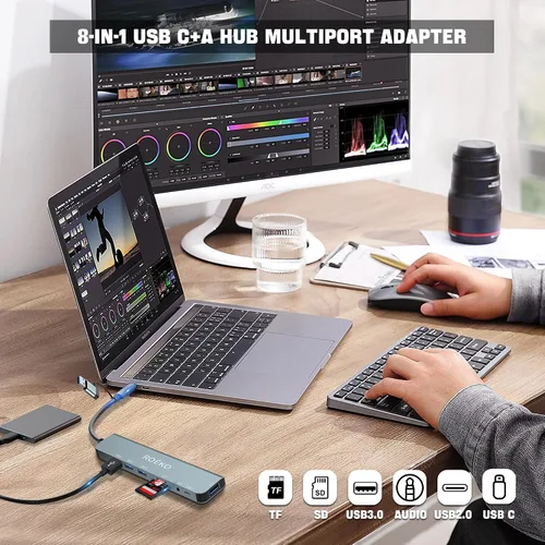 Vista 2 de Concentrador USB, adaptador multipuerto USB C, divisor USB con 1 USB 3.0, 4 x USB 2.0, 2 USB C, concentrador USB c para dispositivos MacBook