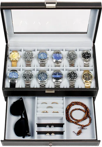 Vista 6 de GUKA Caja de reloj con 12 ranuras, organizador de exhibición de reloj, caja de joyería de cuero, cajón de cristal, cumpleaños para hombres