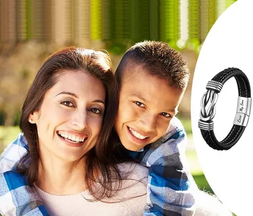 Vista 4 de Pulsera con texto en inglés "To My Son", regalo de mamá, madre e hijo Forever Linked Together, pulsera de cuero con cierre magnético de acero