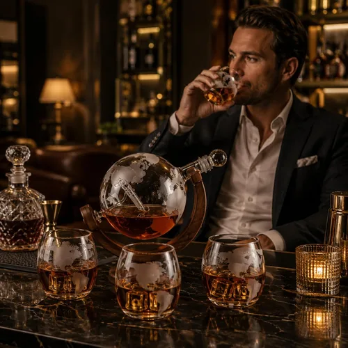 Vista 8 de Decantador del mundo grabado con globo de whisky, juego de regalo de whisky The Wine Savant con avión antiguo, piedras de whisky y 4 vasos de mapa