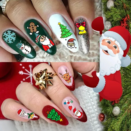 Vista 2 de COKTAK 6 hojas de calcomanías de uñas de Navidad para manicura, calcomanías autoadhesivas divertidas de Papá Noel, alce y ciervo, calcomanías