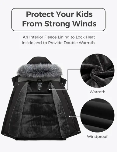 Vista 5 de wantdo - Chaqueta de invierno con capucha para niños, impermeable, acolchada, con forro polar, parka Negro