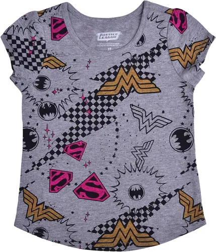 Vista 6 de DC Comics - Camiseta de manga corta para niñas de la Liga de la Justicia, paquete de 4 unidades para niños pequeños y grandes, grismorado, rojoazul
