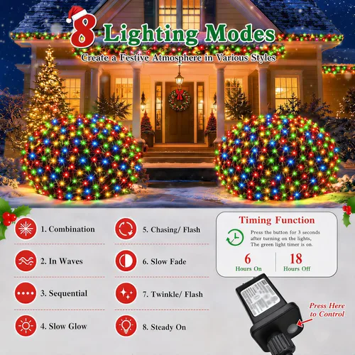 Vista 2 de OYCBUZO 300 luces LED de red de Navidad, 14.8 pies x 5 pies, luces de malla para exteriores, 8 modos, cable verde, tira de luces conectables
