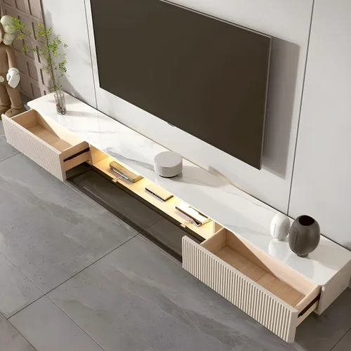 Vista 8 de LAKIQ Moderno soporte de TV de piedra con cajones de almacenamiento, consolas multimedia, sala de estar, centro de entretenimiento de pie con Champán