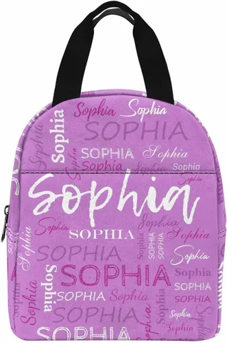 Vista 23 de InterestPrint Bolsa de almuerzo con nombre personalizado para hombres y mujeres, color rosa, blanco y negro, con lunares personalizados, enfriador