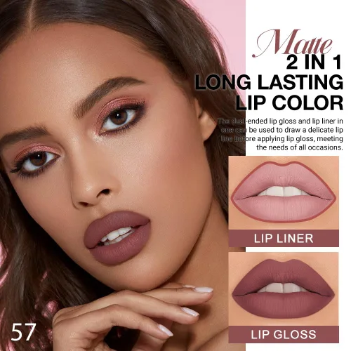 Vista 2 de evpct Juego de 1 delineador de labios mate y lápiz labial líquido rojo-marrón para mujer, delineador de labios rojo-marrón de larga duración