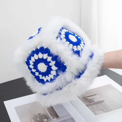Vista 2 de kozinu Crochet Bucket Hat for Women Knit Handmade Foldable Floppy Warm Cap Fashion Cute Fishing Hat Striped Floral Winter hat