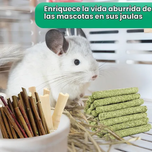 Vista 5 de WDEFUN Juego de juguetes naturales para masticar para mascotas, 20 palitos de heno Timothy, 20 ramas de manzano, 5 bambú dulce, juguetes