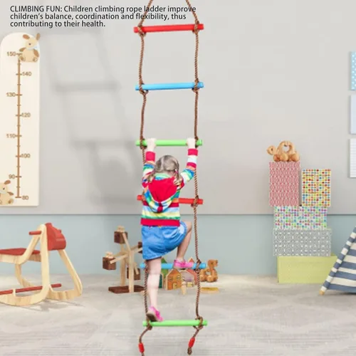 Vista 2 de Escalera de cuerda de escalada, escalera de cuerda de escalada para niños, resistente a la tracción, tejido multicapa, suave y colorido, accesorios