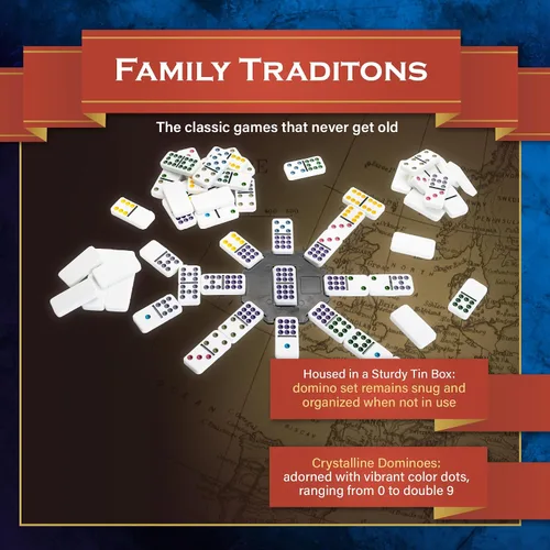 Vista 5 de Continuum Games Family Traditions - Juego de 9 dominó dobles – Juego de 55 piezas en lata de almacenamiento, dominó cristalino para niños y adultos