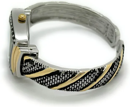 Vista 4 de Caja rectangular para mujer con pequeños tachuelas de metal, brazalete de metal, reloj de cuarzo analógico de moda, esfera de madreperla fácil